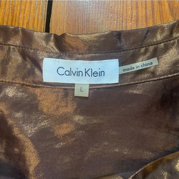 Calvin Klein Women’s Liquid Bronze Shimmer Metallic Button Down Shirt Size L Fun - Picture 12 of 15